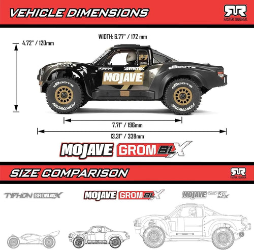 Dimensions of a Mojave Grom BLX vehicle with size comparison below.