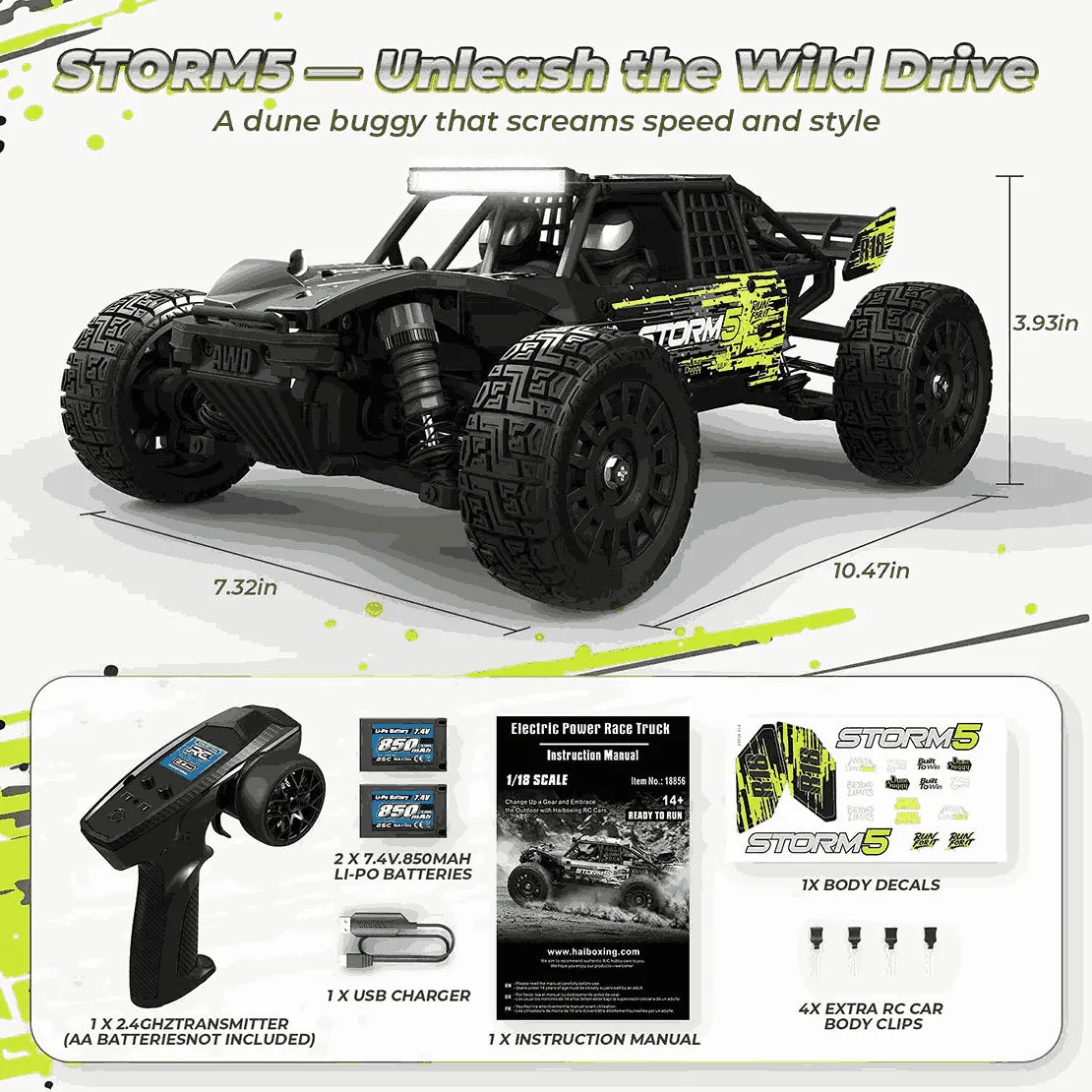 Dune buggy with remote control and accessories on a white background