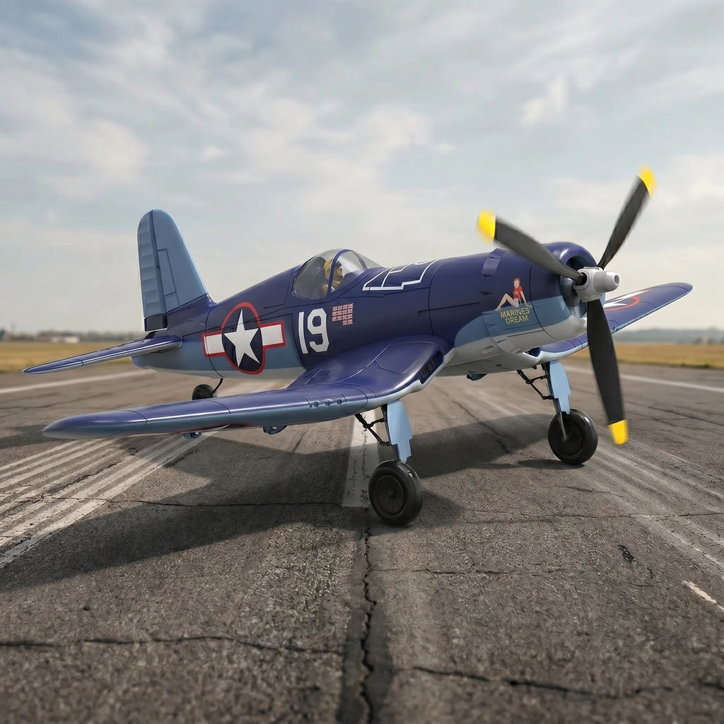 Extra large blue RC corsair plane on a runaway