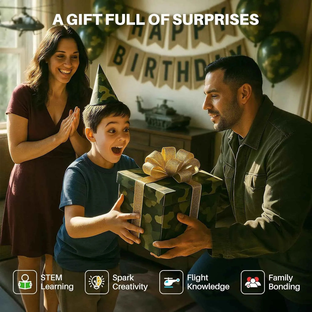 Family celebrating a birthday with a child receiving a gift, surrounded by festive decorations.