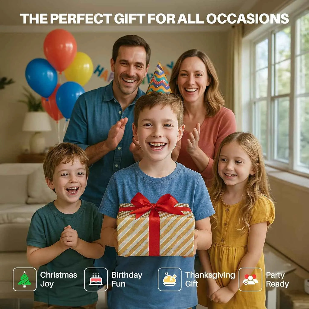 Family celebrating a birthday with balloons and a gift, text 'The Perfect Gift for All Occasions'.