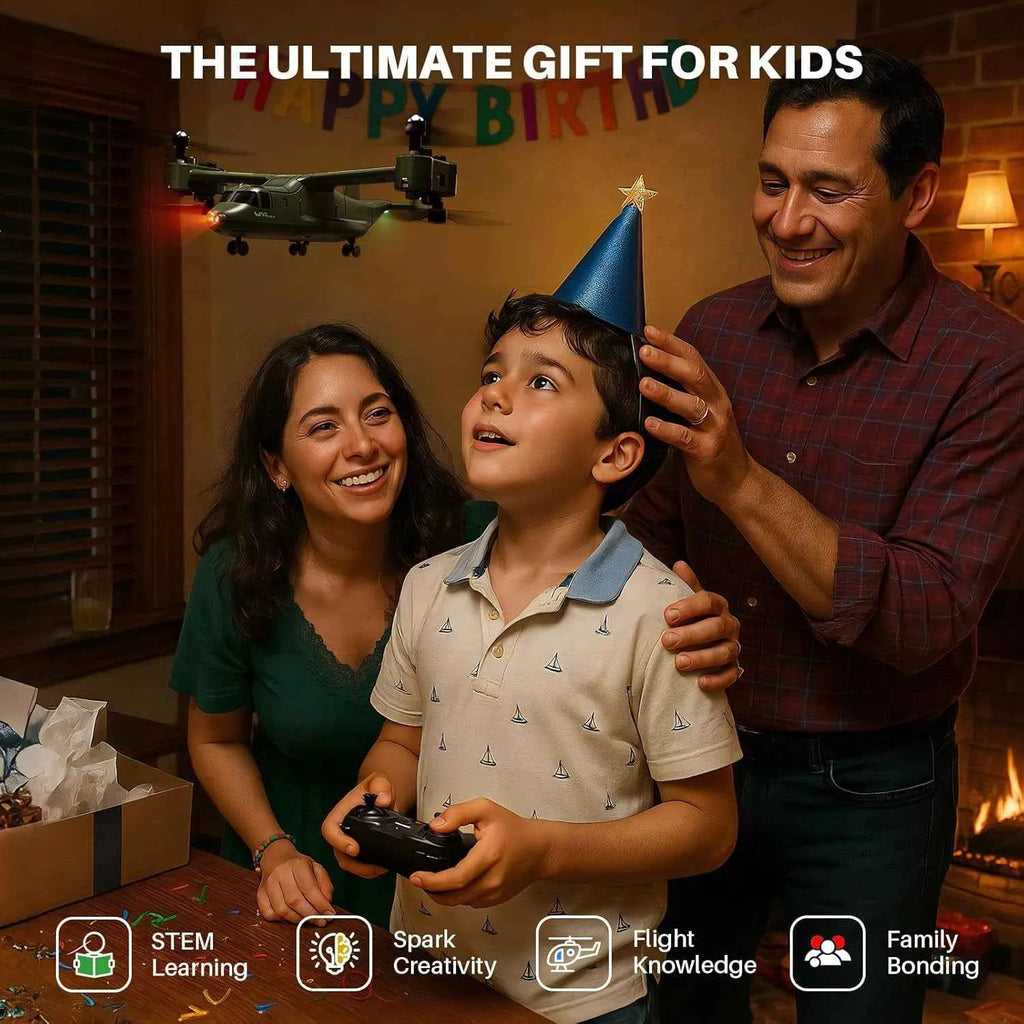 Family celebrating a child's birthday with a toy RC plane, indicating it as 'The Ultimate Gift for Kids'.