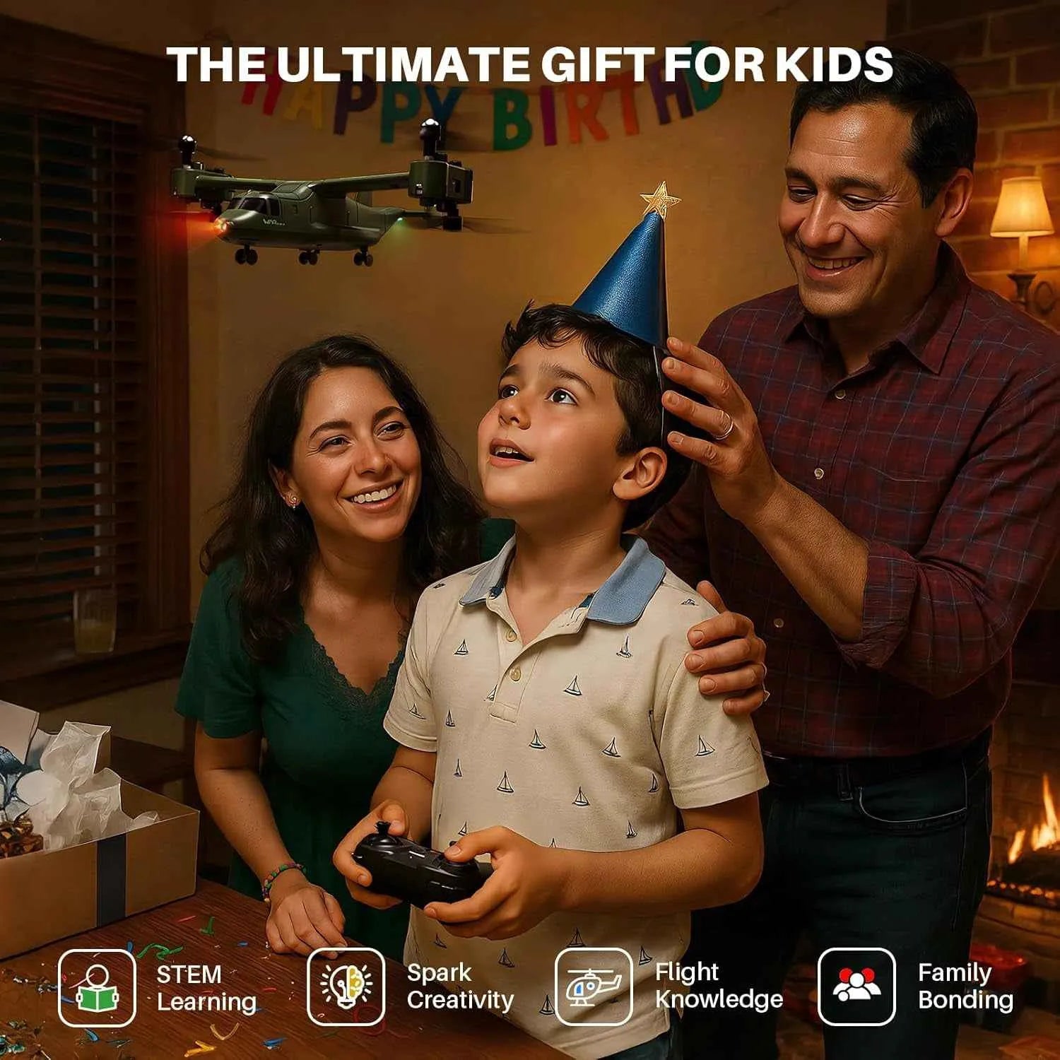 Family celebrating a child's birthday with a toy RC plane, indicating it as 'The Ultimate Gift for Kids'.
