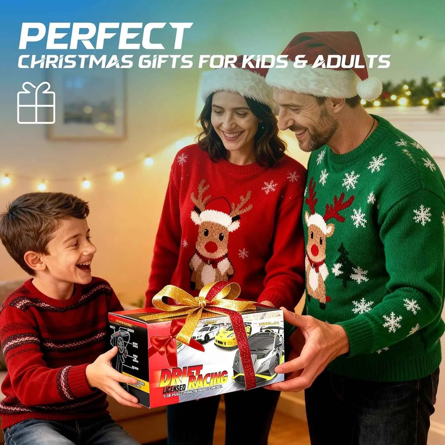 Family opening a gift together with Christmas-themed sweaters and decorations.