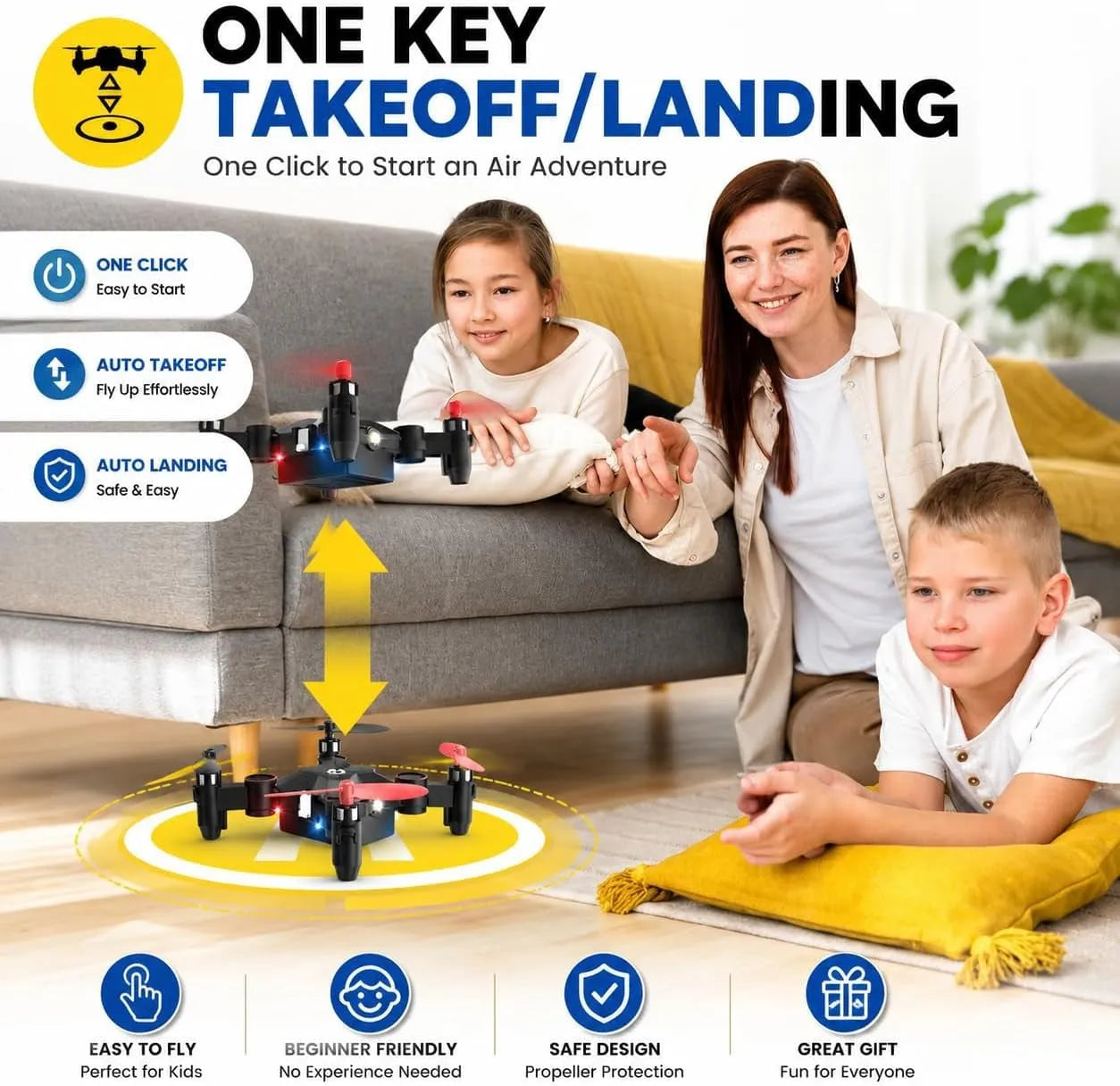 Family playing with an RC drone on a living room floor, with text highlighting key features.