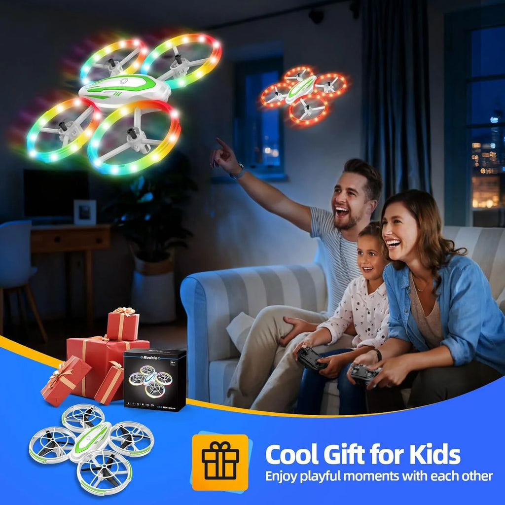 Family playing with colorful LED RC drones in a living room setting, with text 'Cool Gift for Kids' at the bottom.