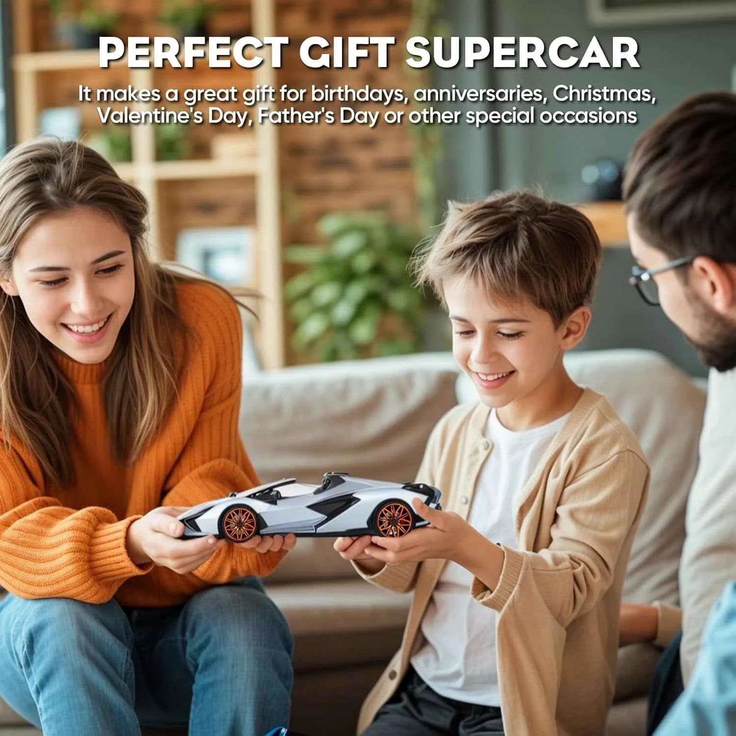 Family with a RC sports car, likely for promotional purposes.