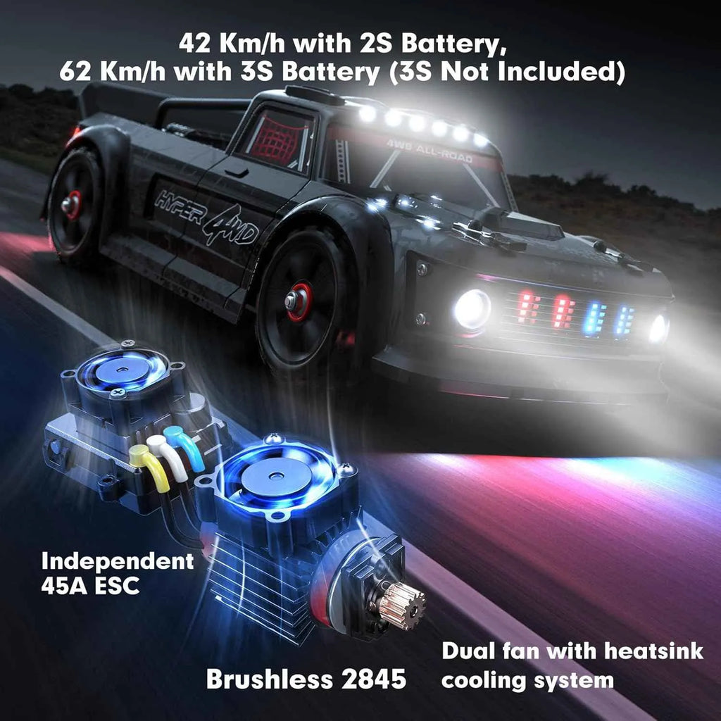 Fast RC drift car with brushless motor, 4WD RC truck design, 45A ESC and high speed performance for adults