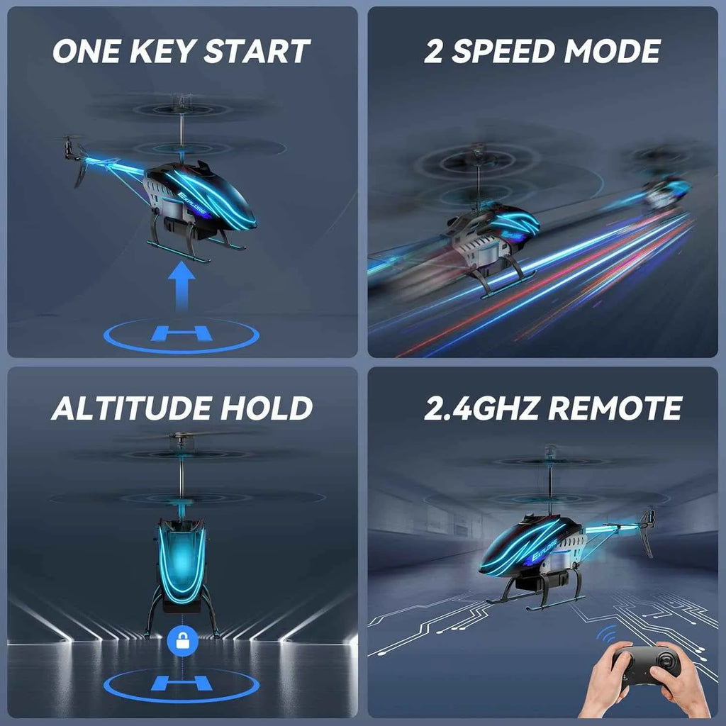 Features of a remote control helicopter including one key start, two speed mode, altitude hold, and 2.4GHz remote.