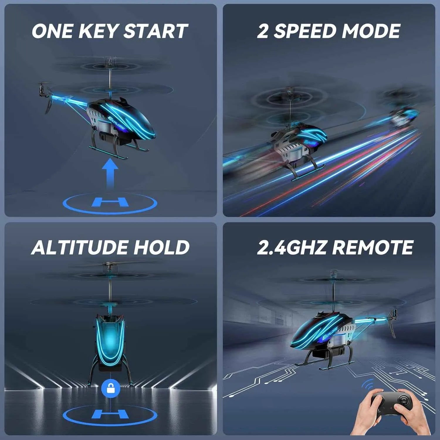 Features of a remote control helicopter including one key start, two speed mode, altitude hold, and 2.4GHz remote.