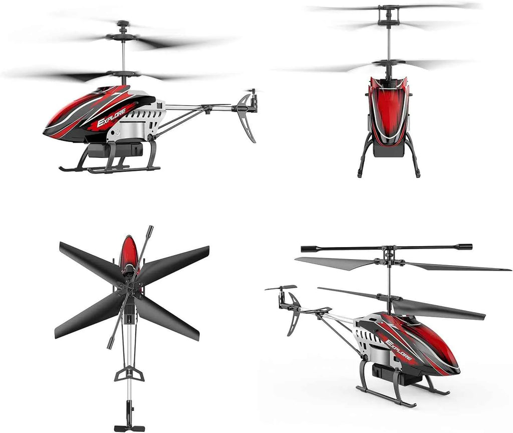 Five different views of a red and black RC helicopter on a white background