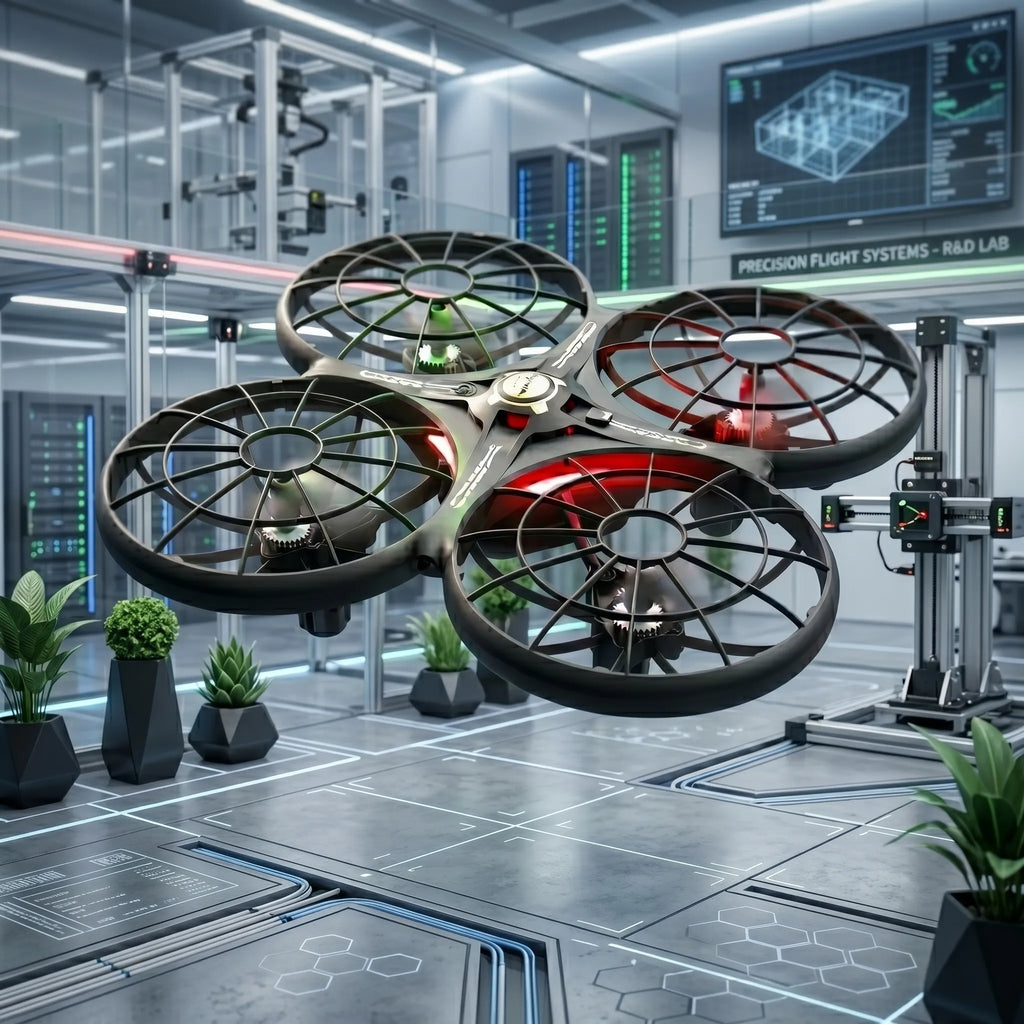 Futuristic RC drone in a high-tech lab with computer monitors and plants.