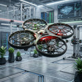 Futuristic RC drone in a high-tech lab with computer monitors and plants.
