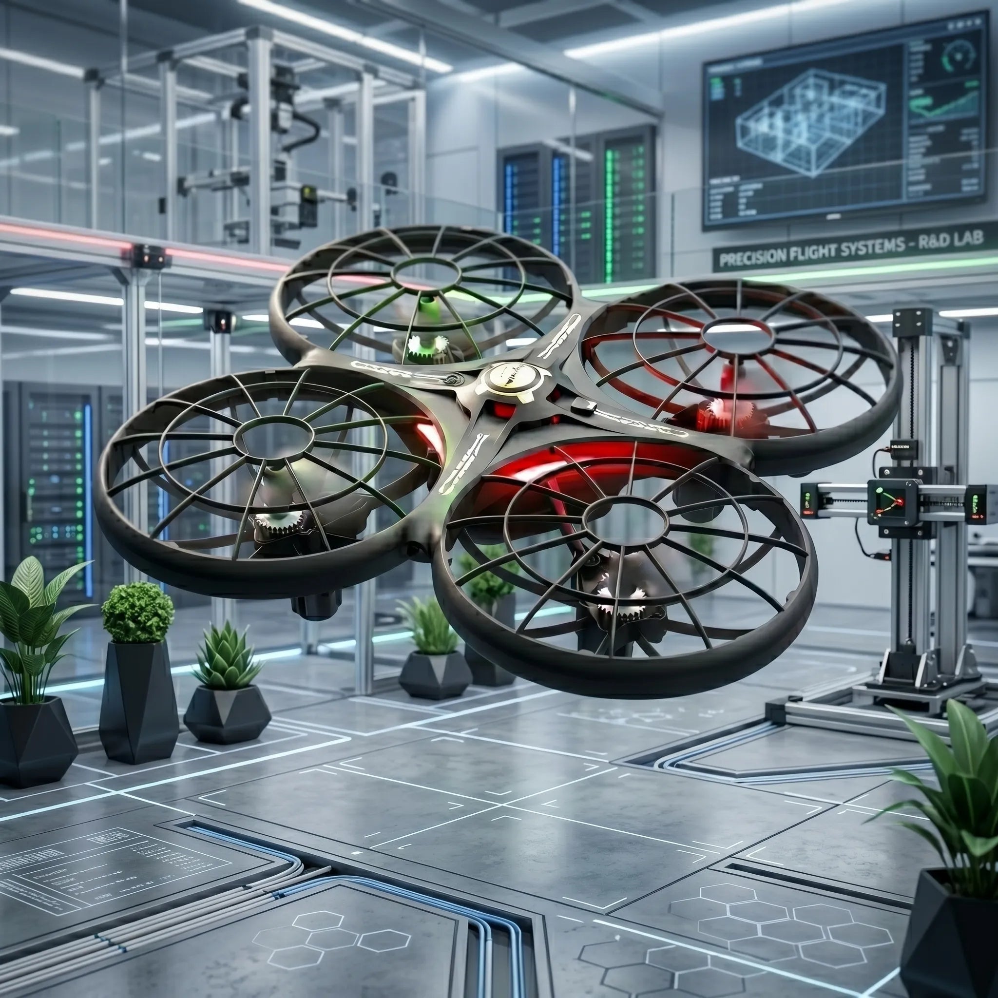 Futuristic RC drone in a high-tech lab with computer monitors and plants.