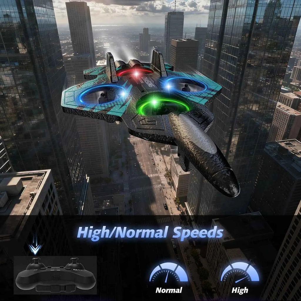 Futuristic RC plane flying over a cityscape with speed indicators at the bottom.