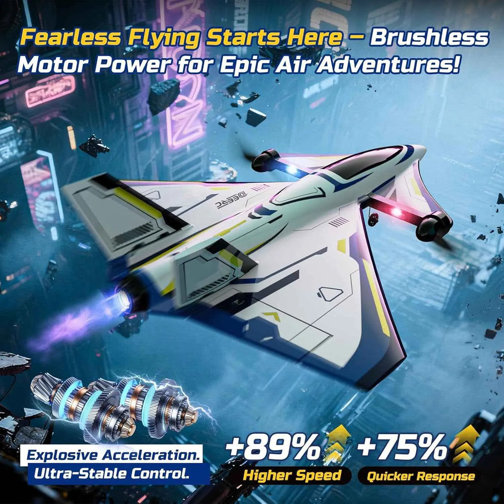 Futuristic RC plane with text about brushless motor power and advanced features on a blue background.