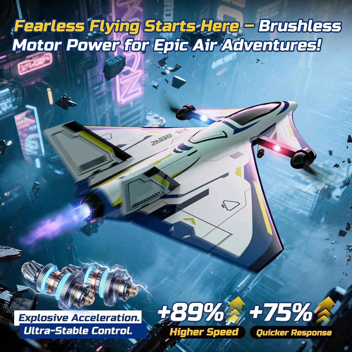 Futuristic RC plane with text about brushless motor power and advanced features on a blue background.