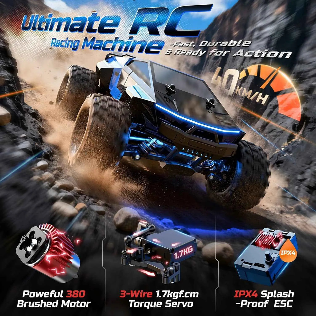 Futuristic RC racing car with specifications on a dynamic background