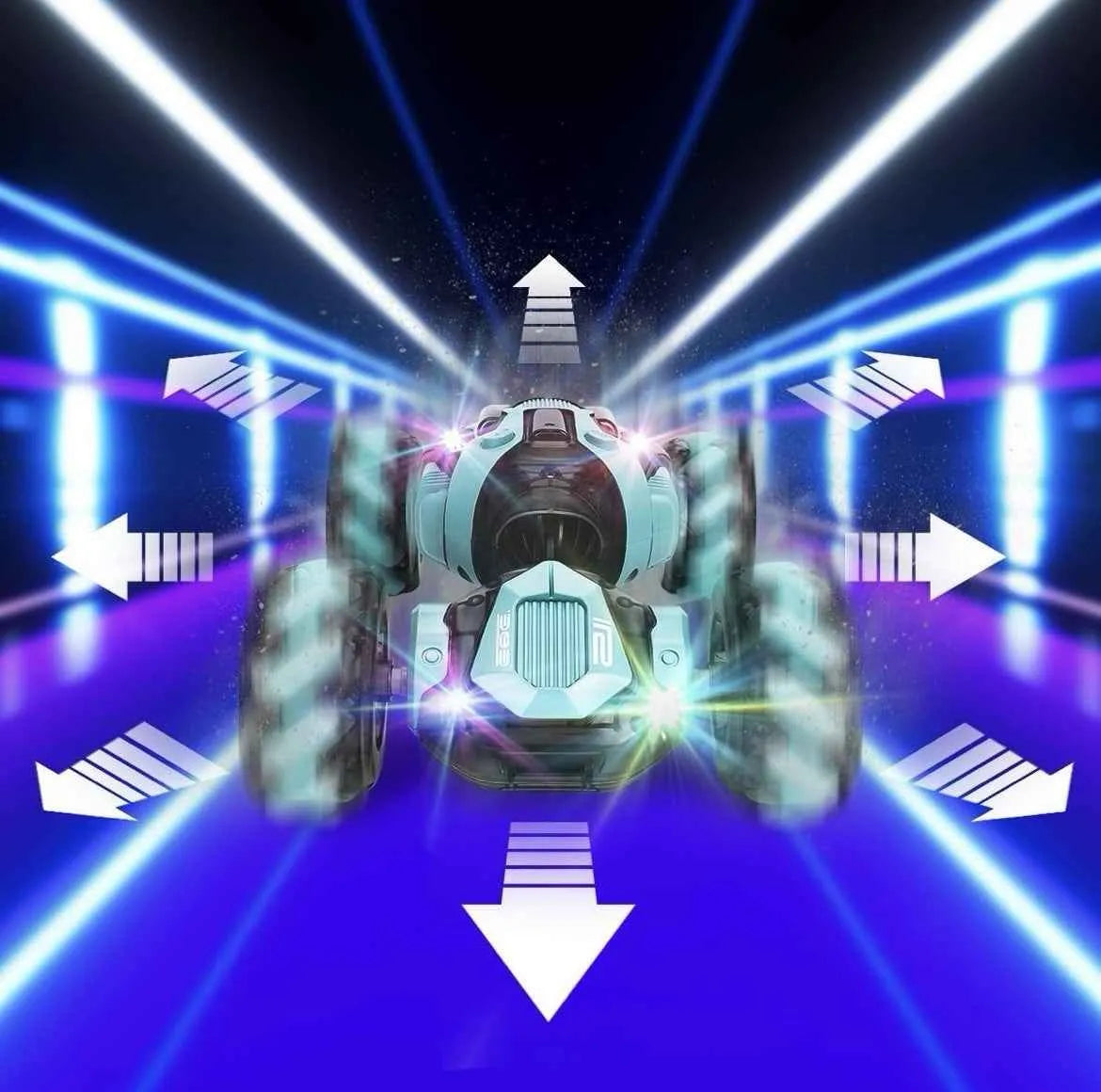 Futuristic RC stunt car in a neon-lit tunnel with arrows indicating direction.