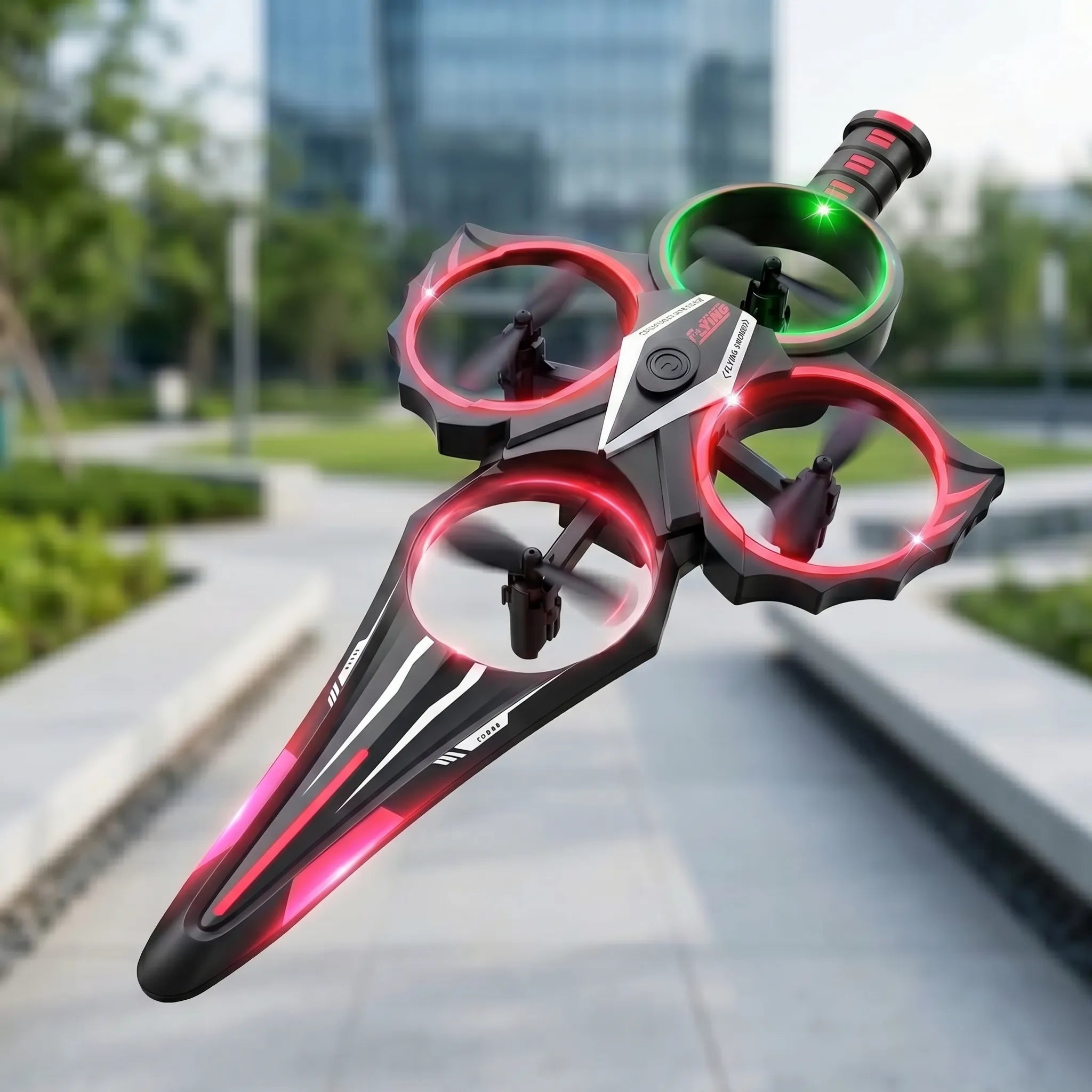 Futuristic RC sword plane with red and green lights on a blurred outdoor background