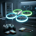 Glowing blue-green RC drone with controller on a desk in a tech-savvy room