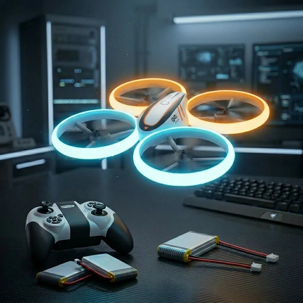 Glowing blue-orange RC drone with controller and batteries on a desk in a tech-savvy room.