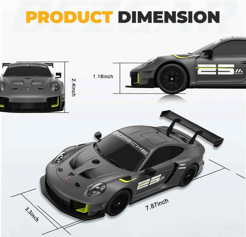 Gray Porsche model car with dimensions on a white background