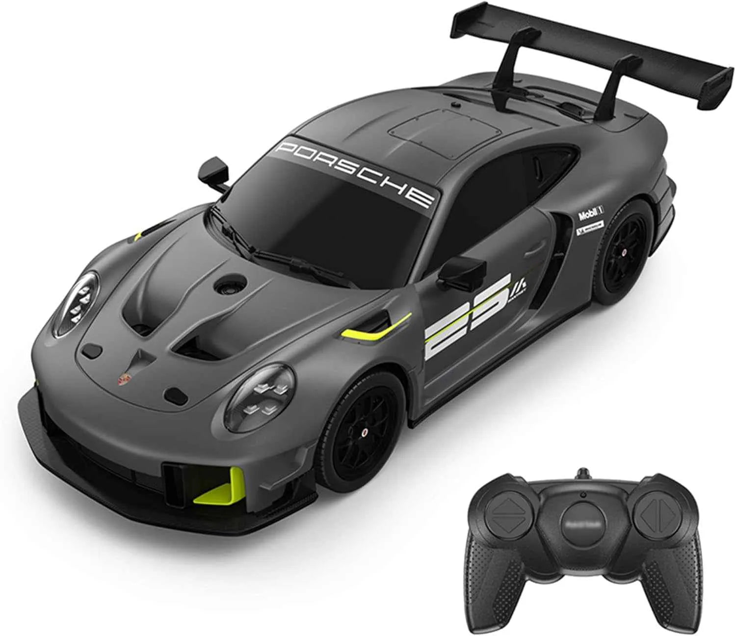 Gray Porsche RC car with a remote control on a white background