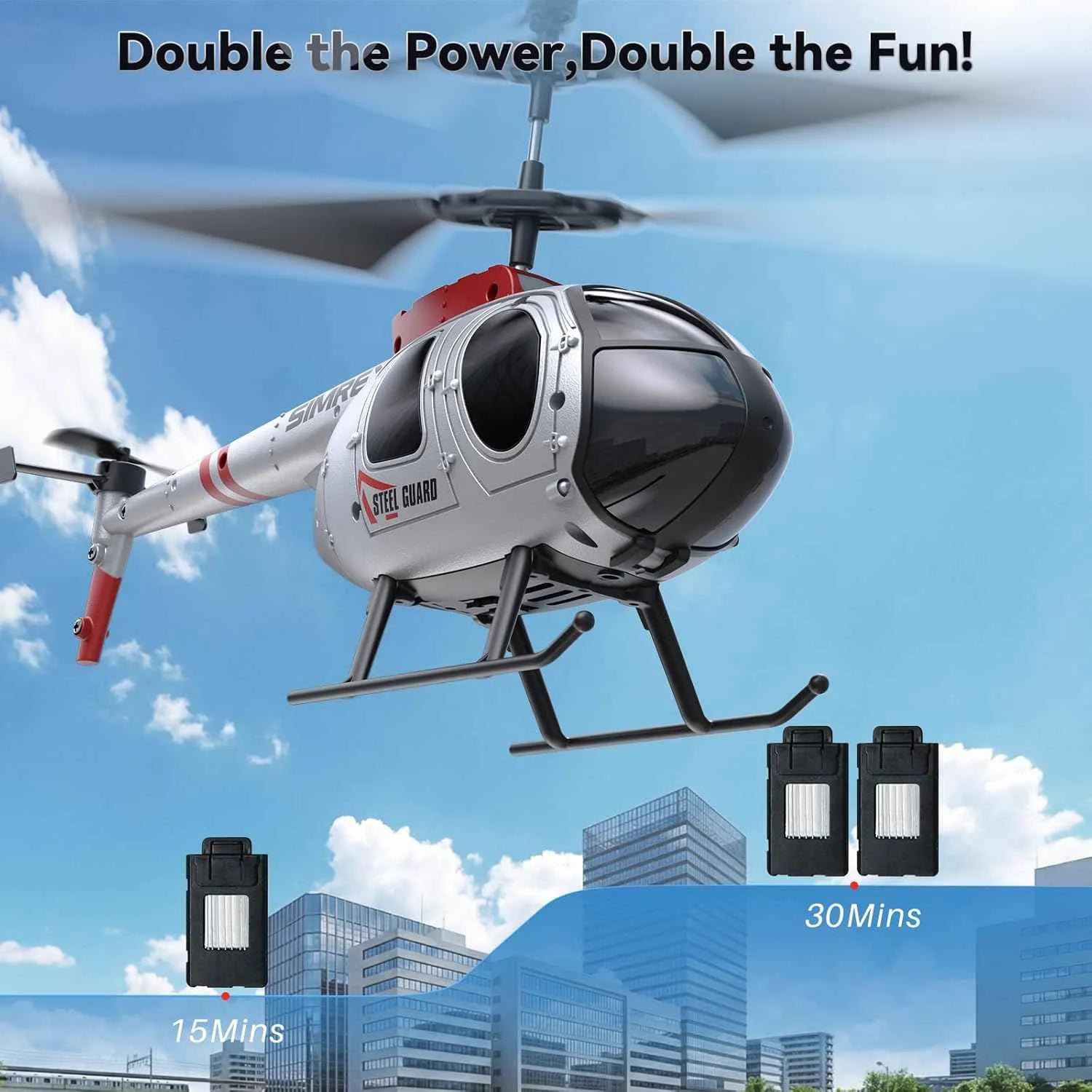 Gray RC Helicopter with power packs and battery life text against a blue sky