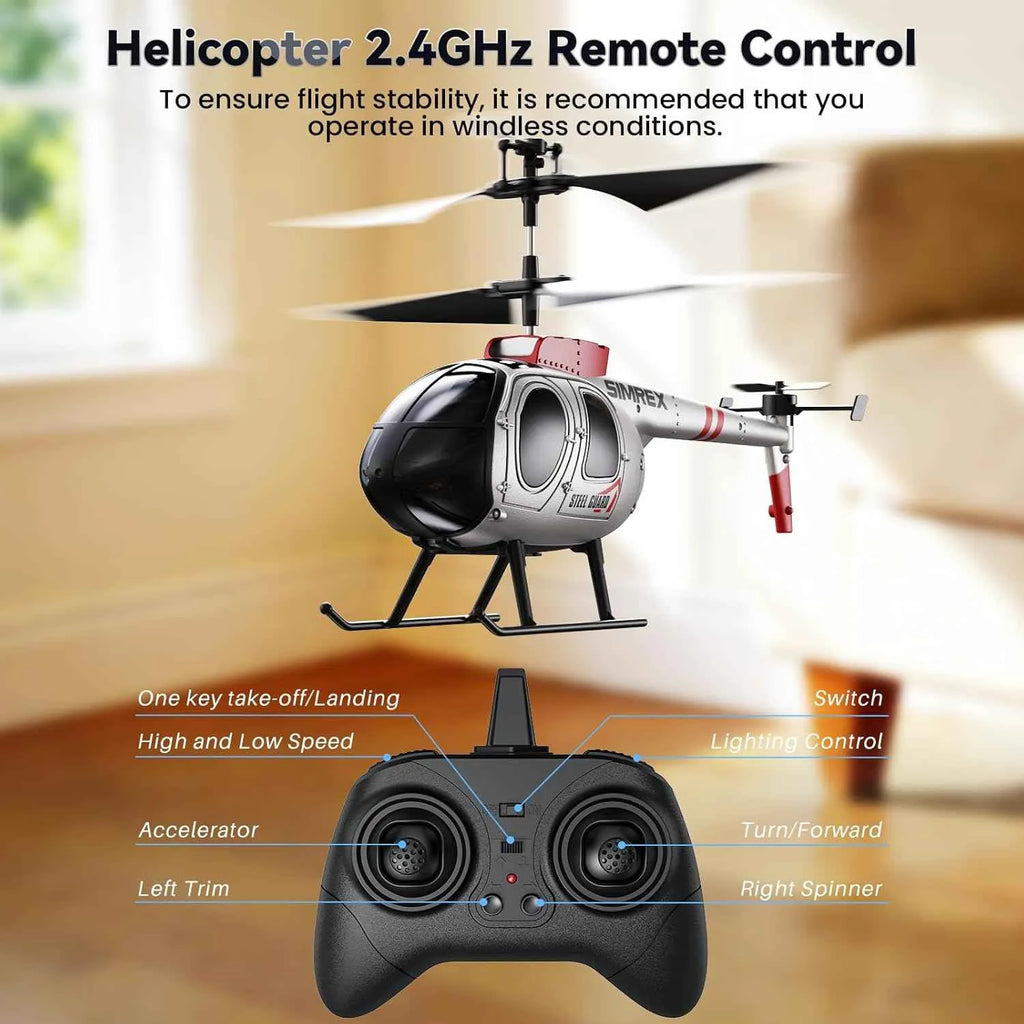 Gray RC Helicopter with remote control and features highlighted on a blurred background