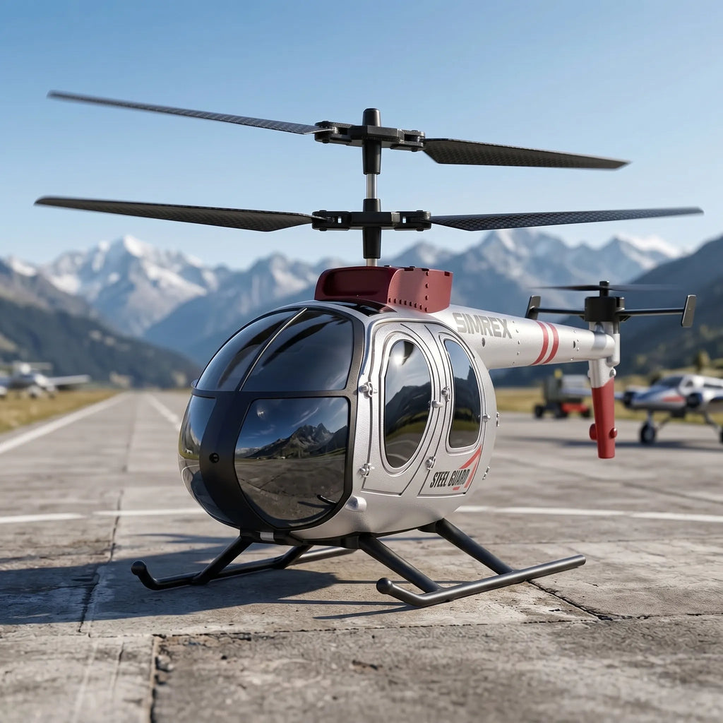 Gray RC Helicopter on a runway with mountains in the background