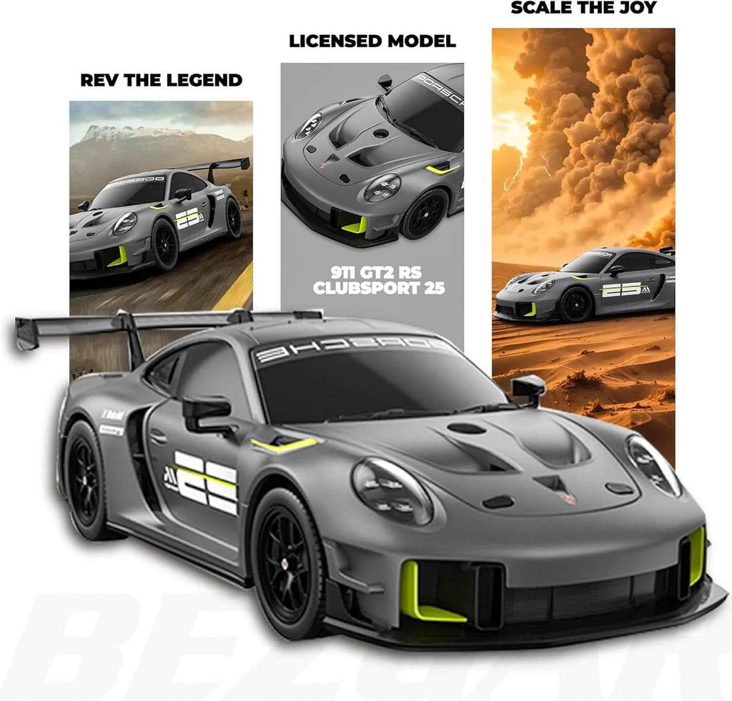 Gray RC sports car with green accents on a white background, surrounded by promotional text and images.