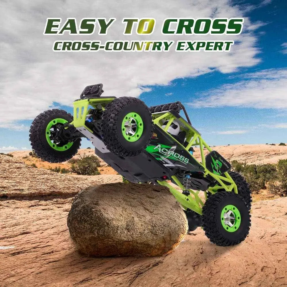Green and black off-road crawler climbing a rock with 'Easy to Cross' text in the sky.