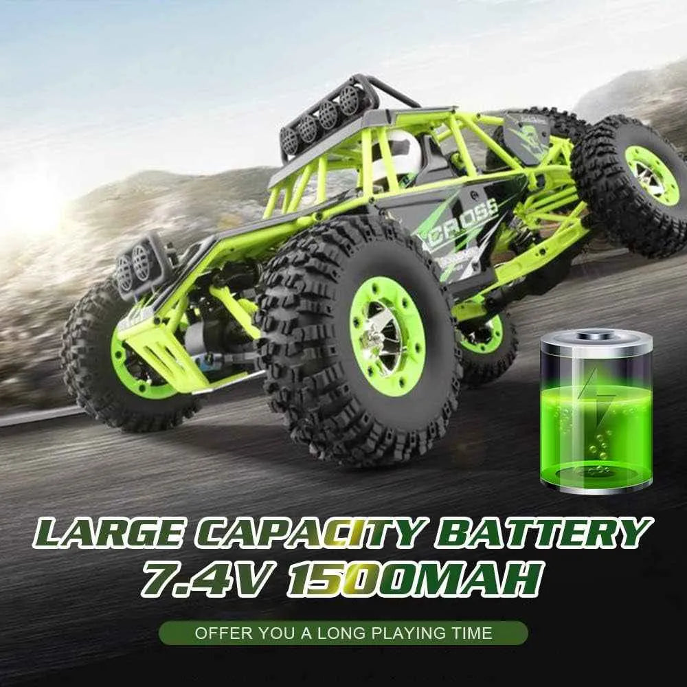 Green and black off-road crawler with large capacity battery on a blurred background