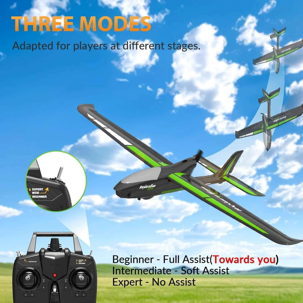 Green and black remote control airplane with a controller on a grassy field and blue sky background.