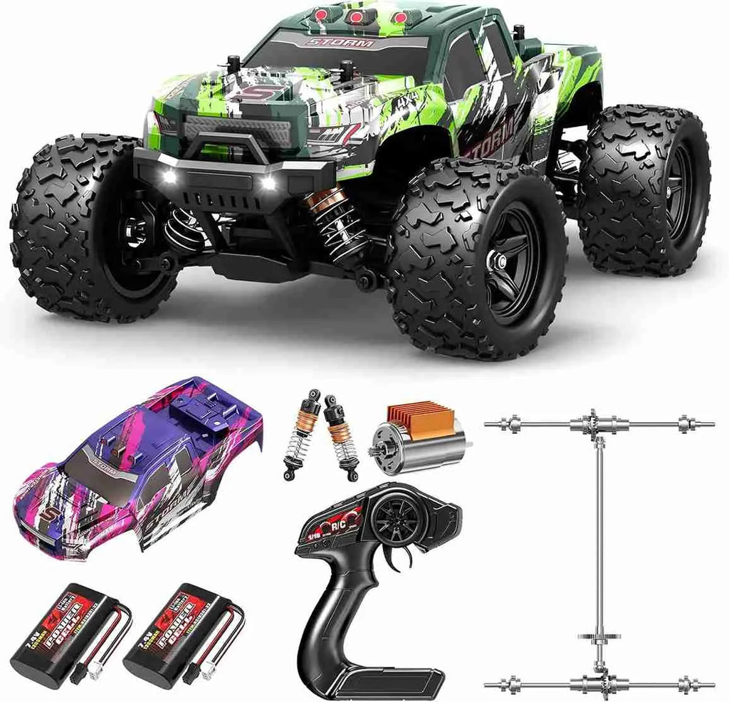 Green and black remote control monster truck with accessories on a white background