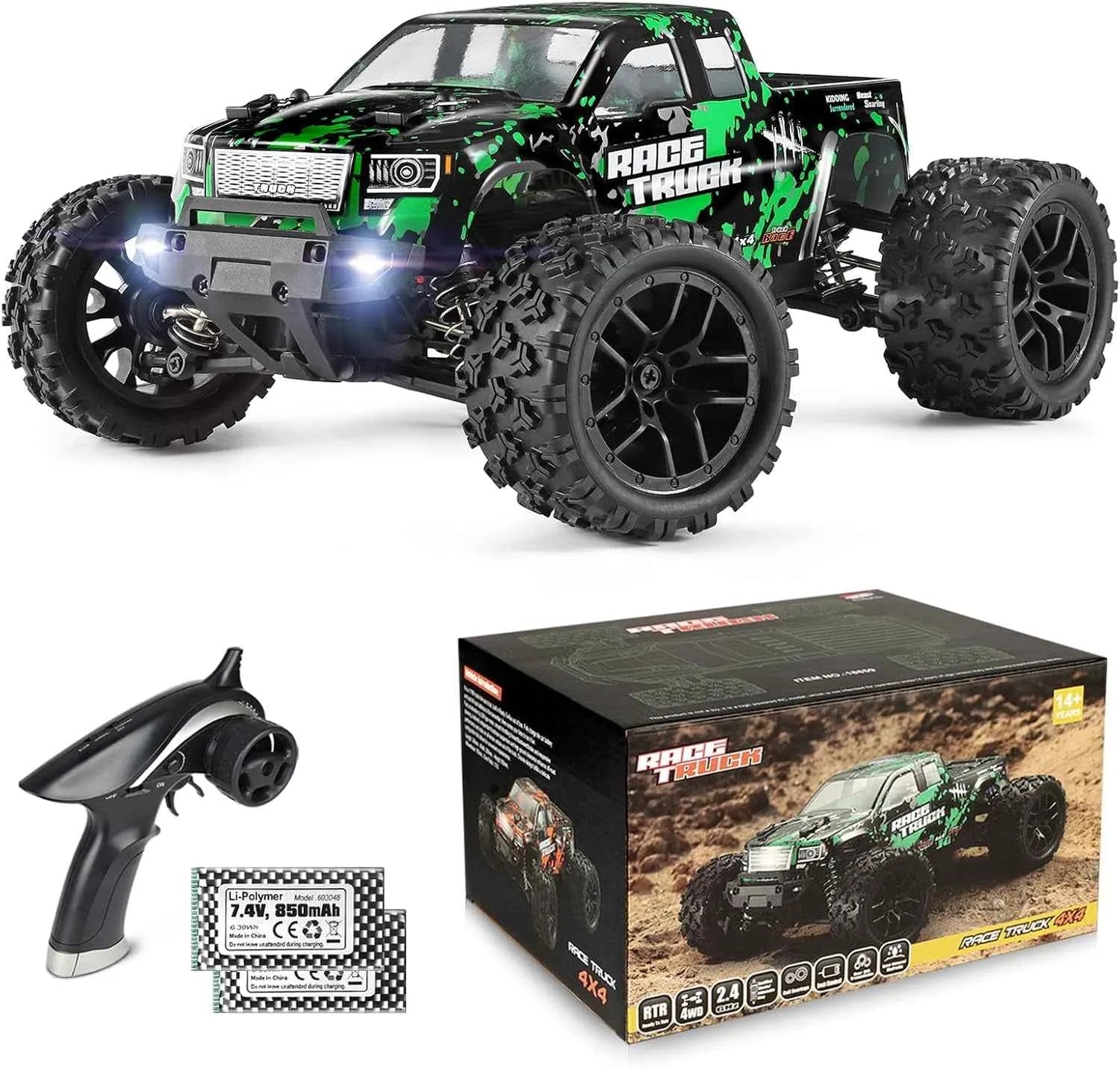 Green and black remote control monster truck with box and remote on a white background