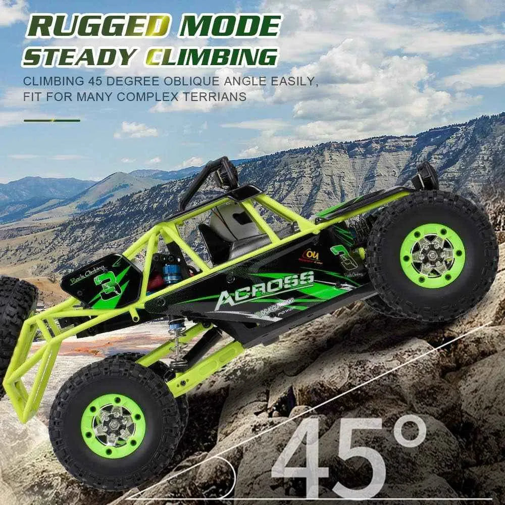 Green off-road crawler climbing a rocky incline with text about rugged mode and climbing capabilities.
