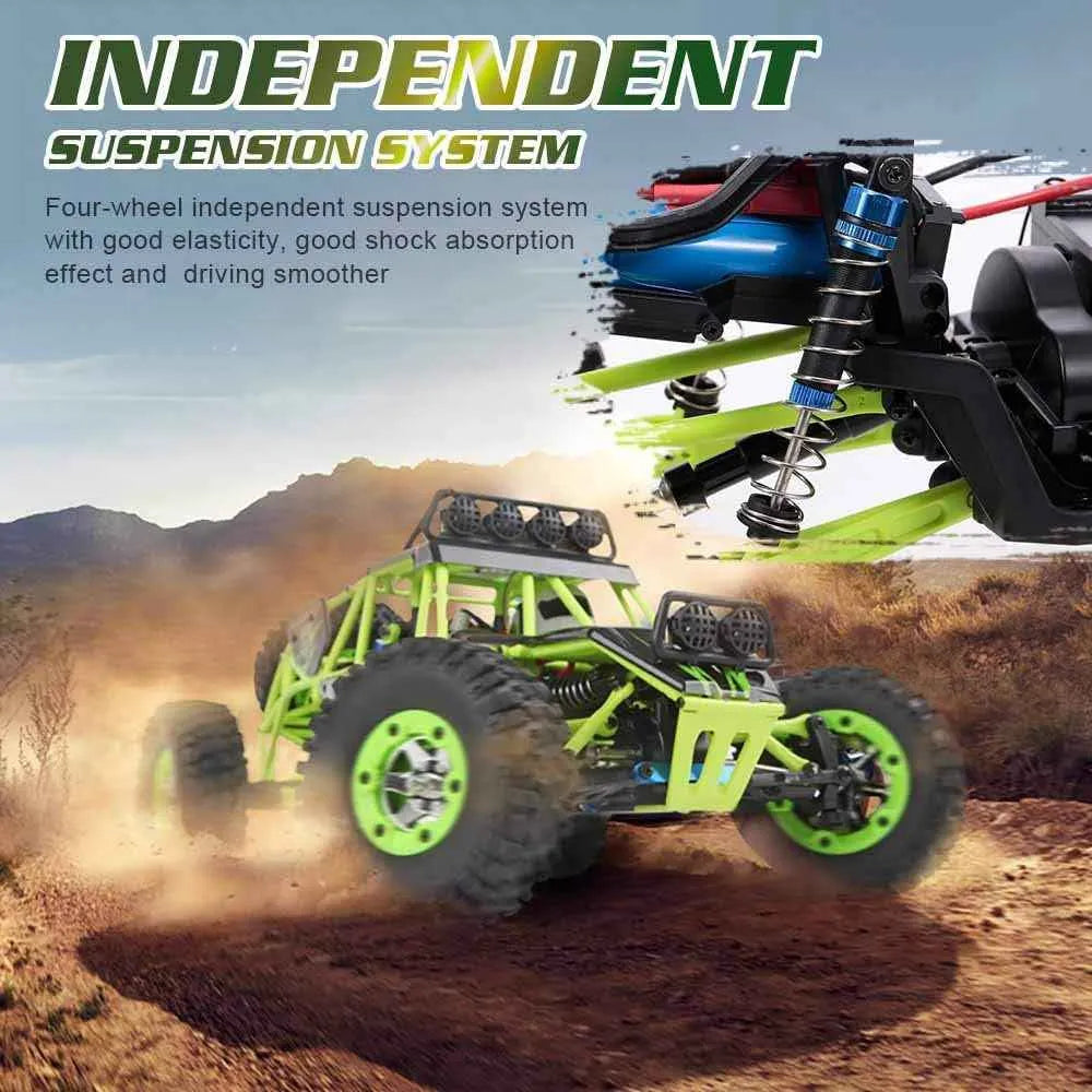 Green off-road crawler with independent suspension system on a desert background