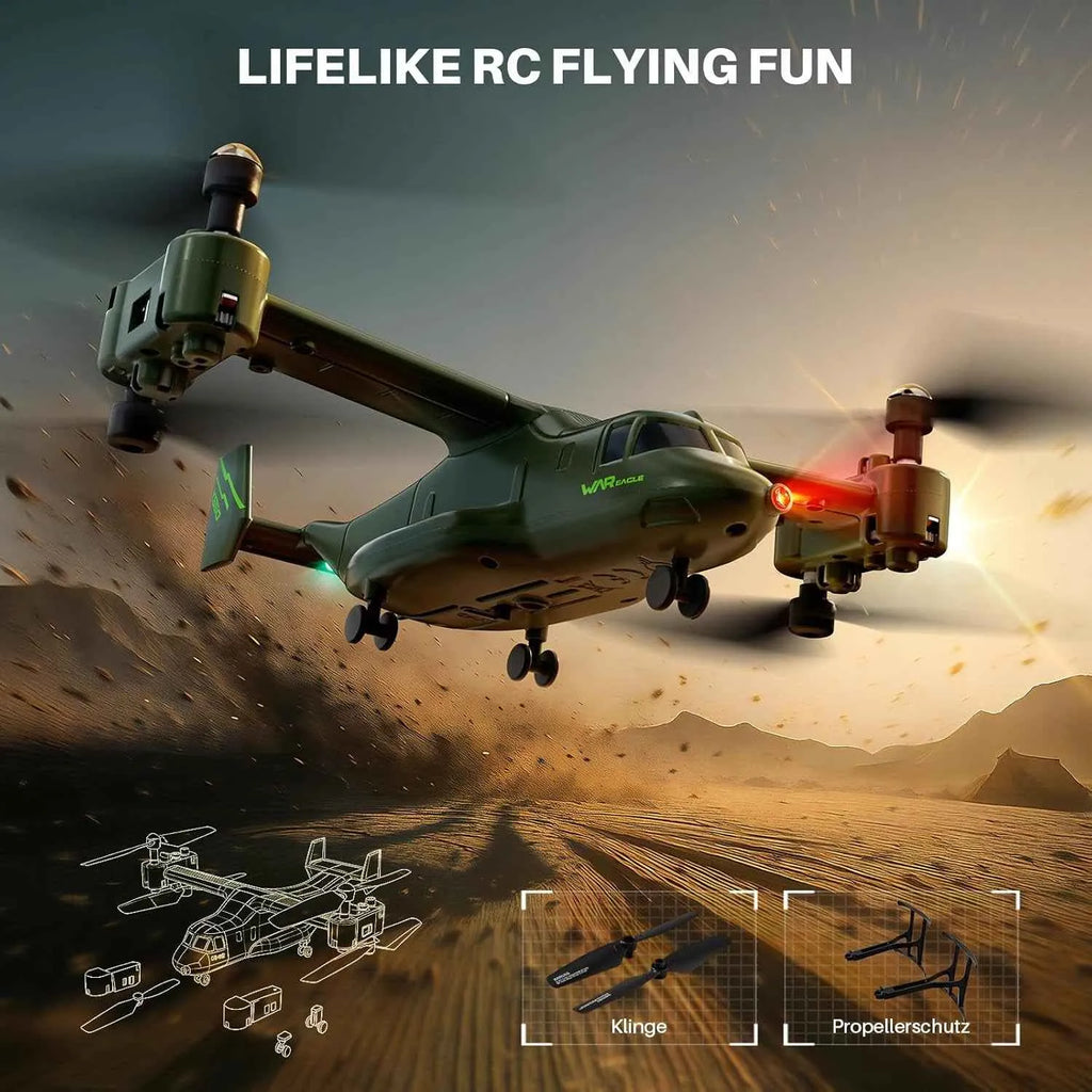 Green RC Aircraft with propeller and weapon on a desert landscape, labeled 'Lifelike RC Flying Fun'.