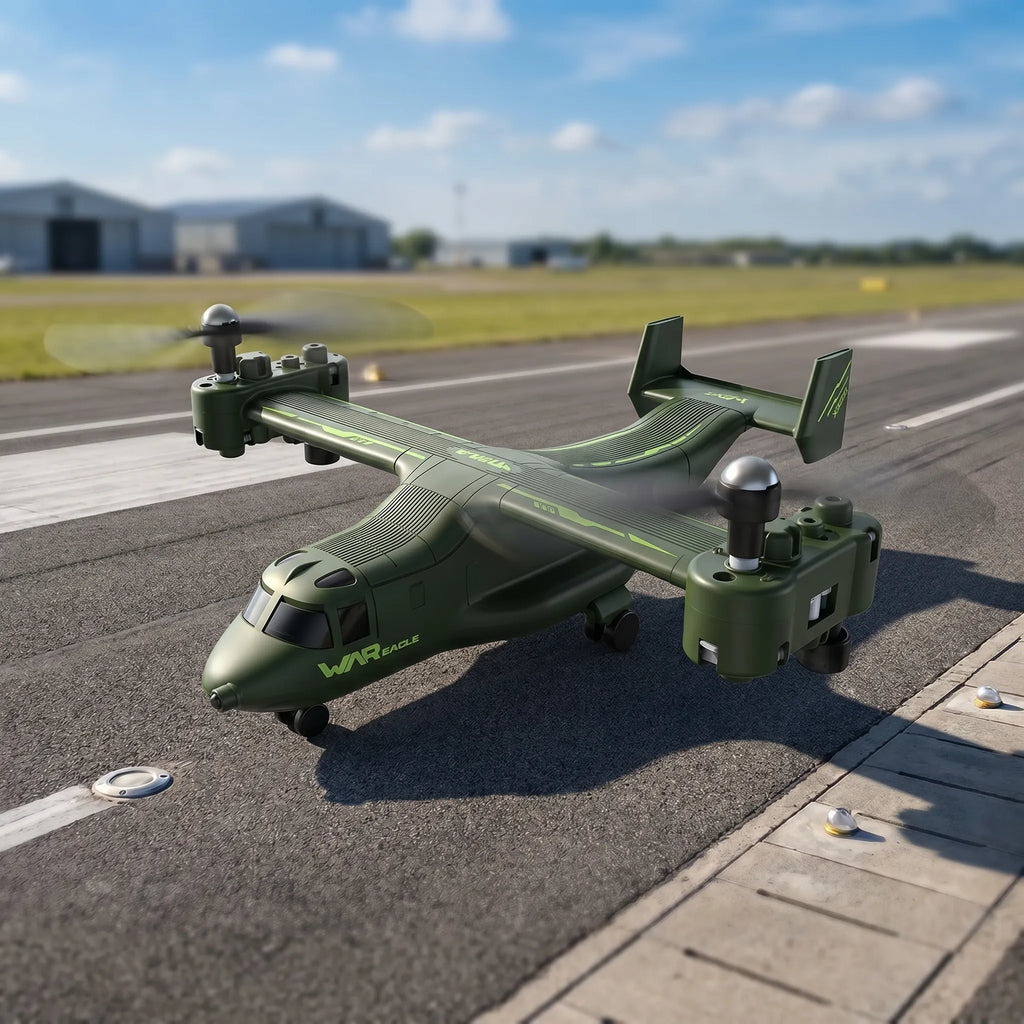 Green RC army plane on a runway with a blurred background