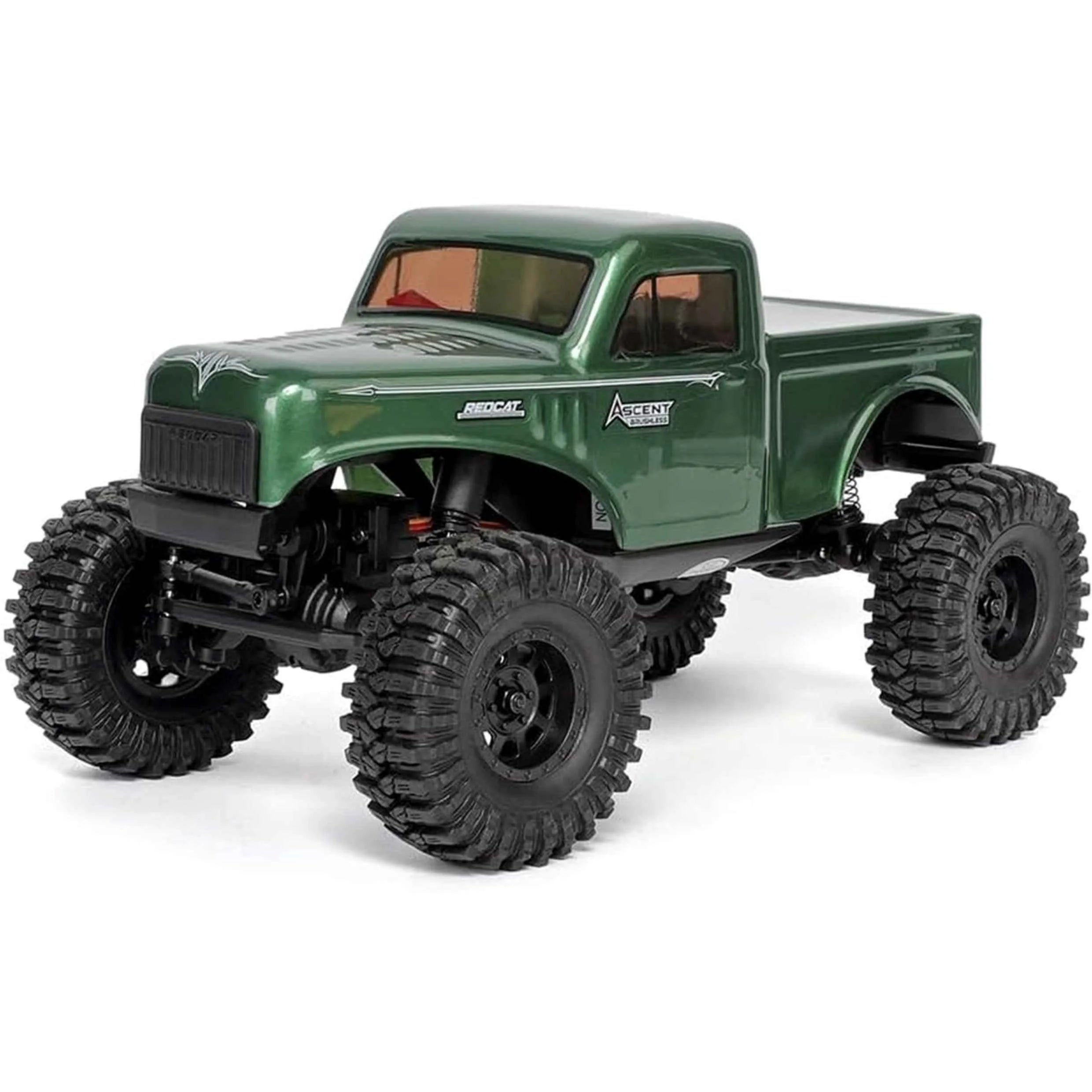 Green RC crawler model on a white background