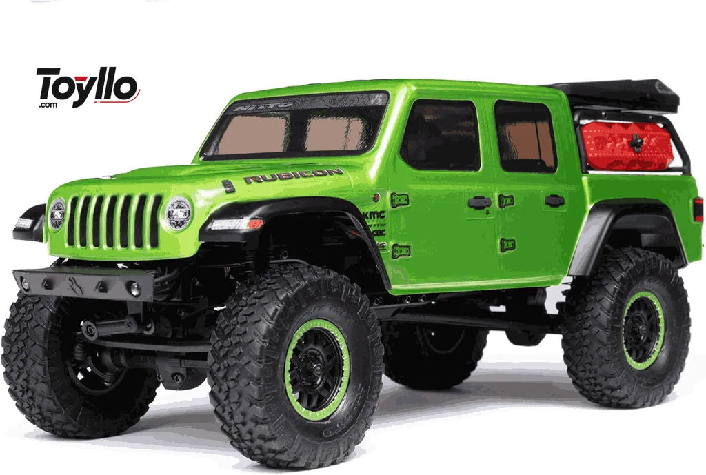 Green Rc crawler with large wheels on a white background, featuring the brand 'Toyllo'.