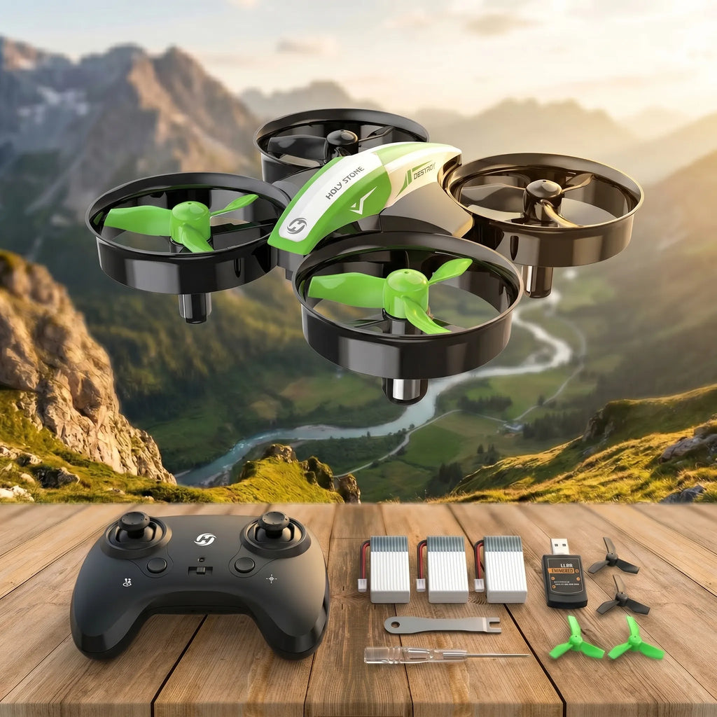 Green RC Drone with controller and accessories on a wooden surface with a mountainous landscape in the background
