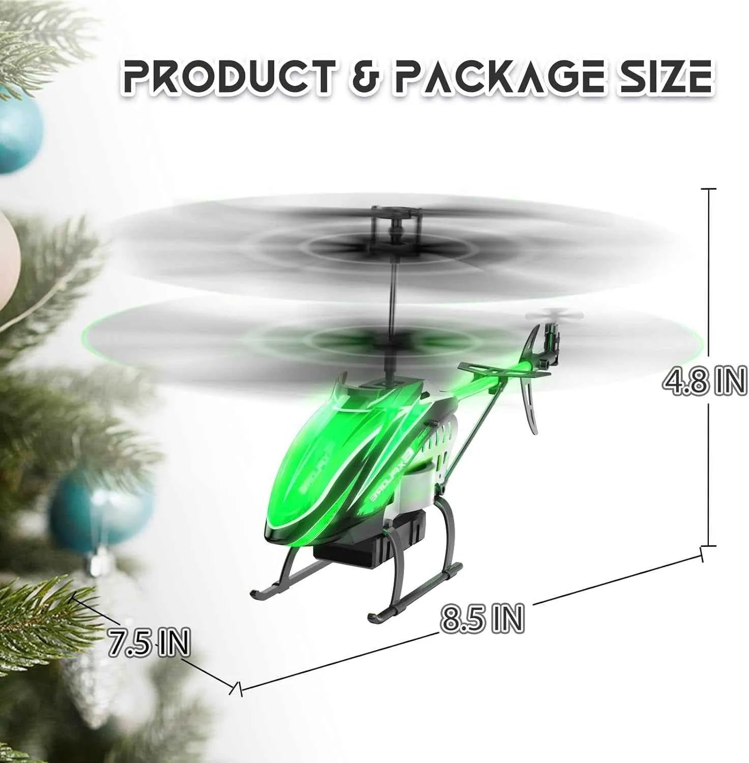 Green RC helicopter with size measurements on a white background