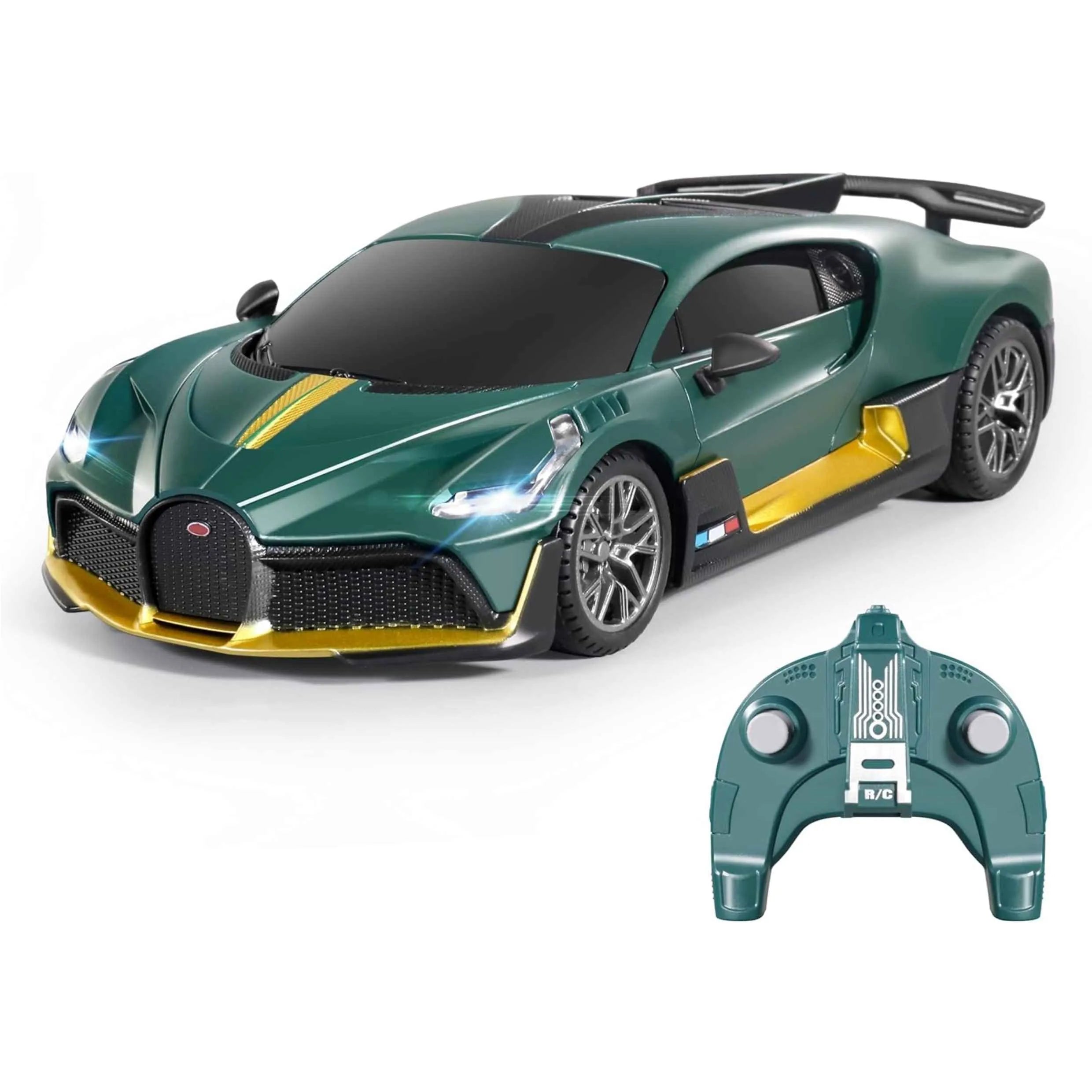 Green RC sports car with remote control on a white background