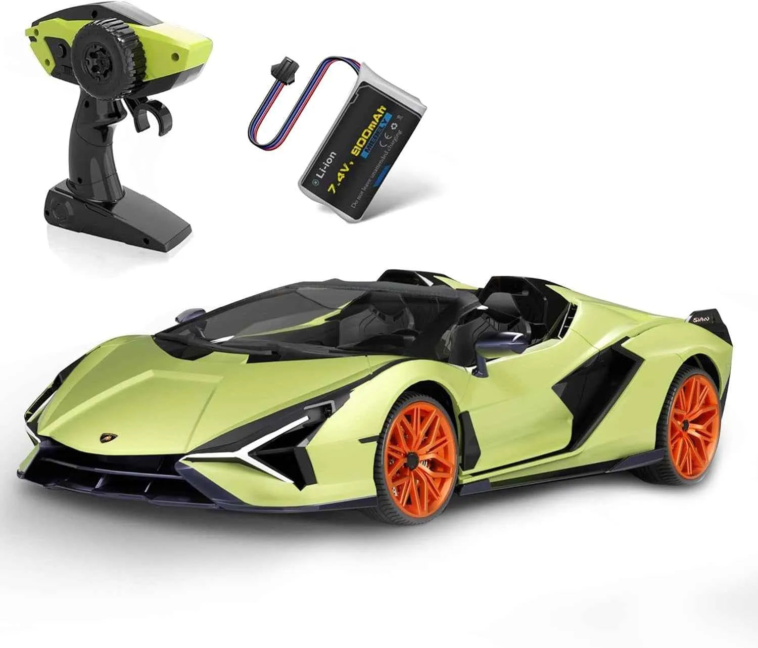 Green RC sports car with remote control and battery pack on a white background