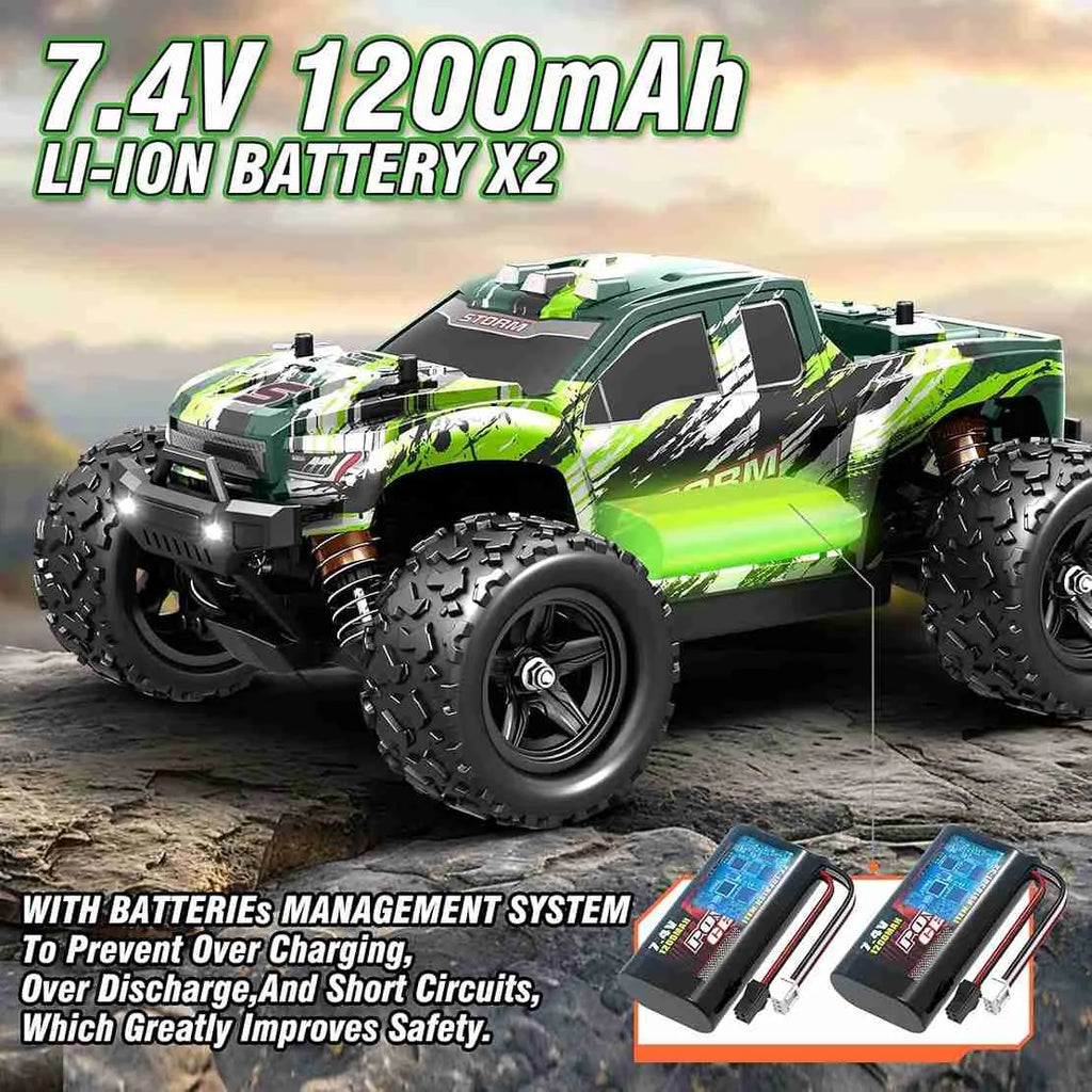 Green remote control truck with 7.4V batteries on a rocky surface