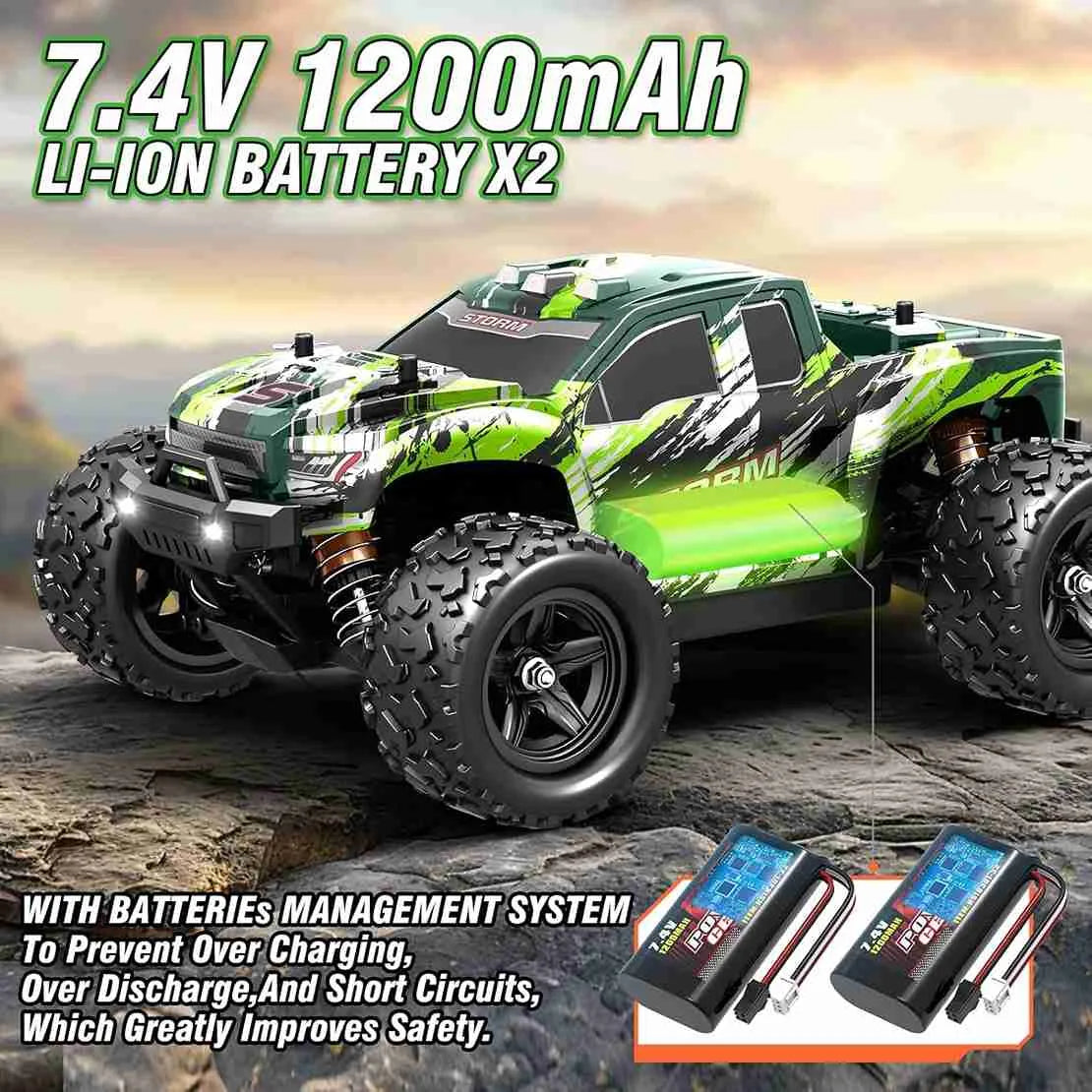 Green remote control truck with 7.4V batteries on a rocky surface