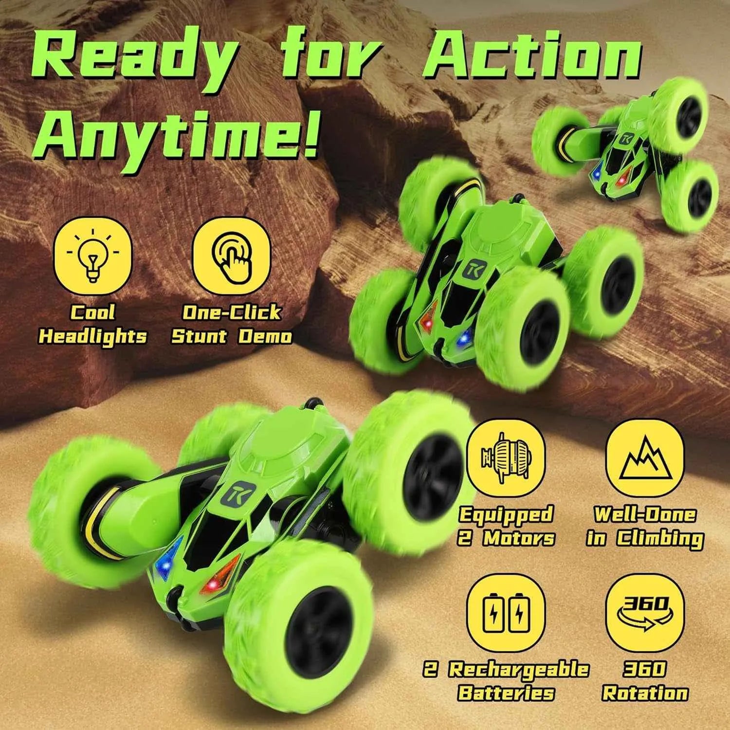 Green stunt off-road vehicles with features highlighted on a sandy background